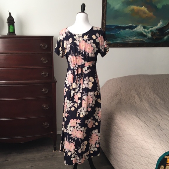 90s Spring Floral Navy Pink Maxi Dress Comfortable Tie Back Casual Dress Grunge - Picture 6 of 9